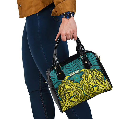 Personalized Hockeyroos Kangaroo Field Hockey Shoulder Handbag Tribal Geometric Green Gold Symmetrical Pattern Design