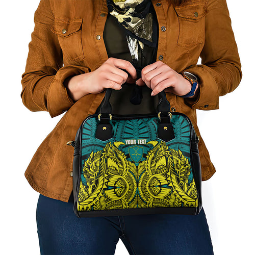 Personalized Hockeyroos Kangaroo Field Hockey Shoulder Handbag Tribal Geometric Green Gold Symmetrical Pattern Design