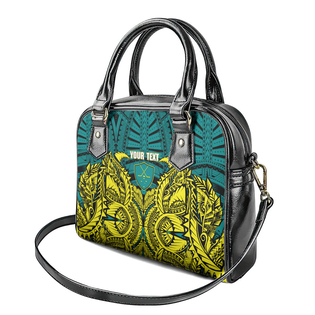 Personalized Hockeyroos Kangaroo Field Hockey Shoulder Handbag Tribal Geometric Green Gold Symmetrical Pattern Design