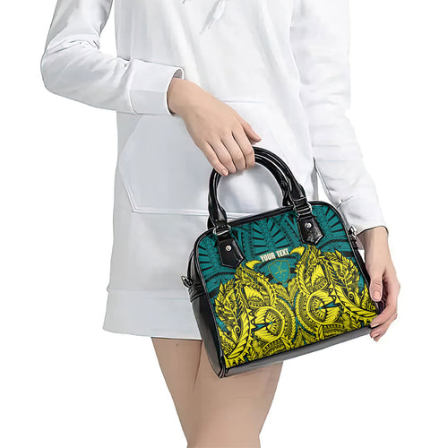 Personalized Hockeyroos Kangaroo Field Hockey Shoulder Handbag Tribal Geometric Green Gold Symmetrical Pattern Design