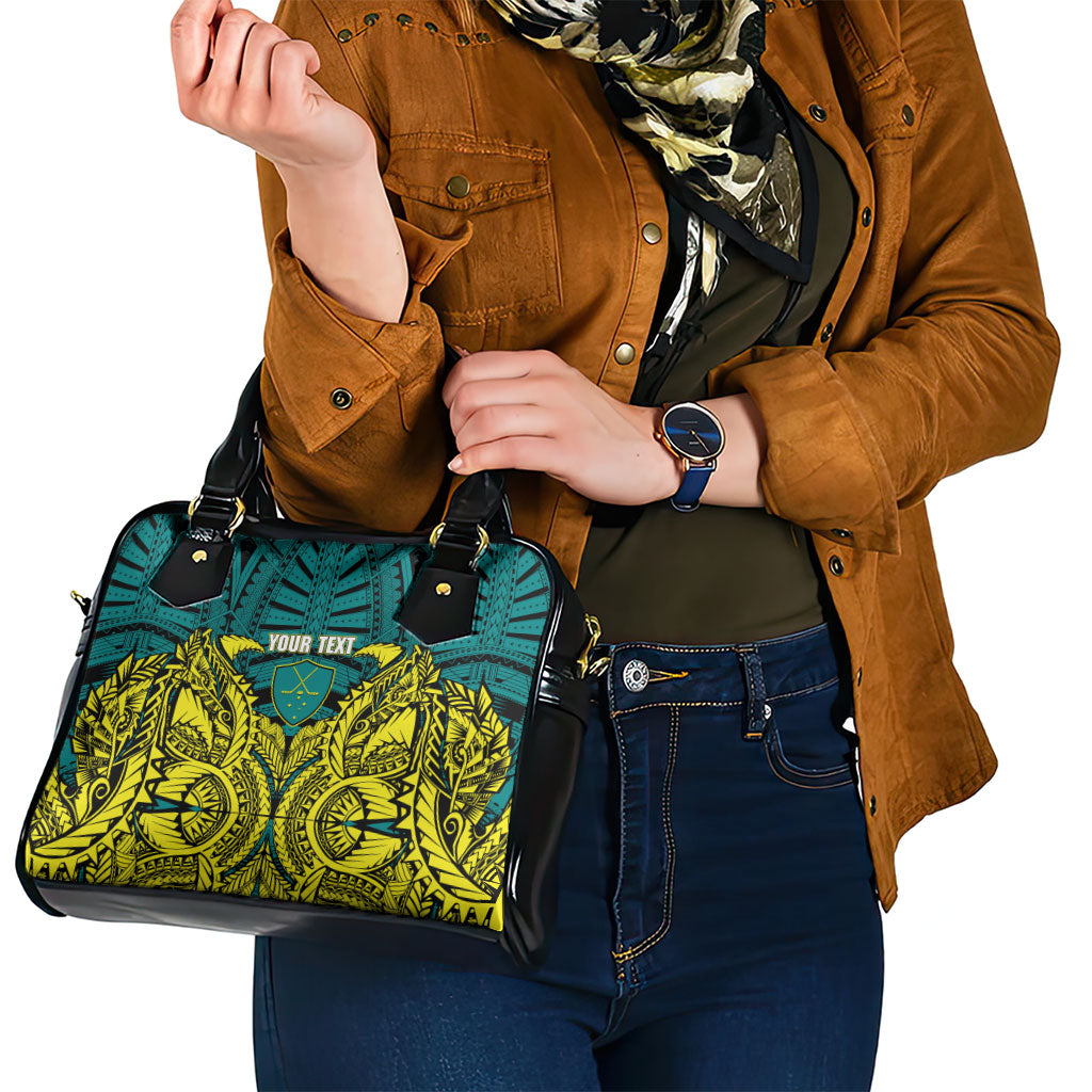 Personalized Hockeyroos Kangaroo Field Hockey Shoulder Handbag Tribal Geometric Green Gold Symmetrical Pattern Design