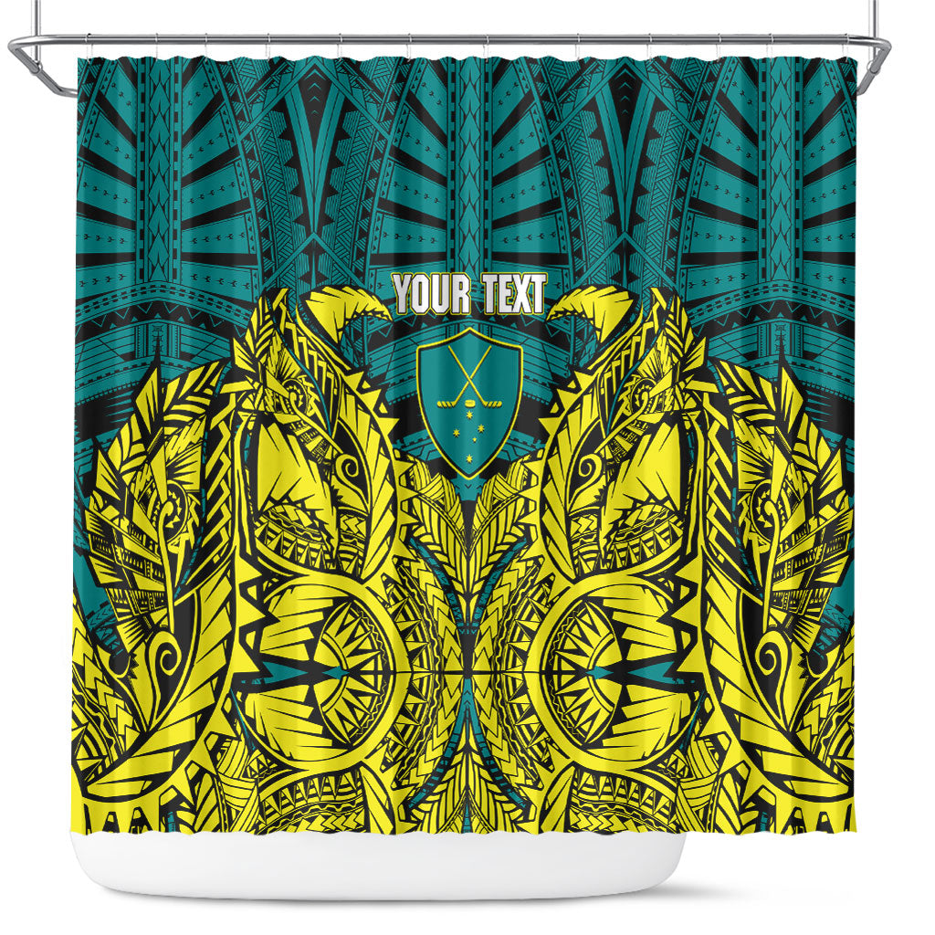 Personalized Hockeyroos Kangaroo Field Hockey Shower Curtain Tribal Geometric Green Gold Symmetrical Pattern Design