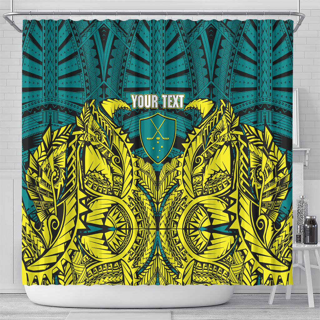 Personalized Hockeyroos Kangaroo Field Hockey Shower Curtain Tribal Geometric Green Gold Symmetrical Pattern Design