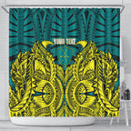 Personalized Hockeyroos Kangaroo Field Hockey Shower Curtain Tribal Geometric Green Gold Symmetrical Pattern Design