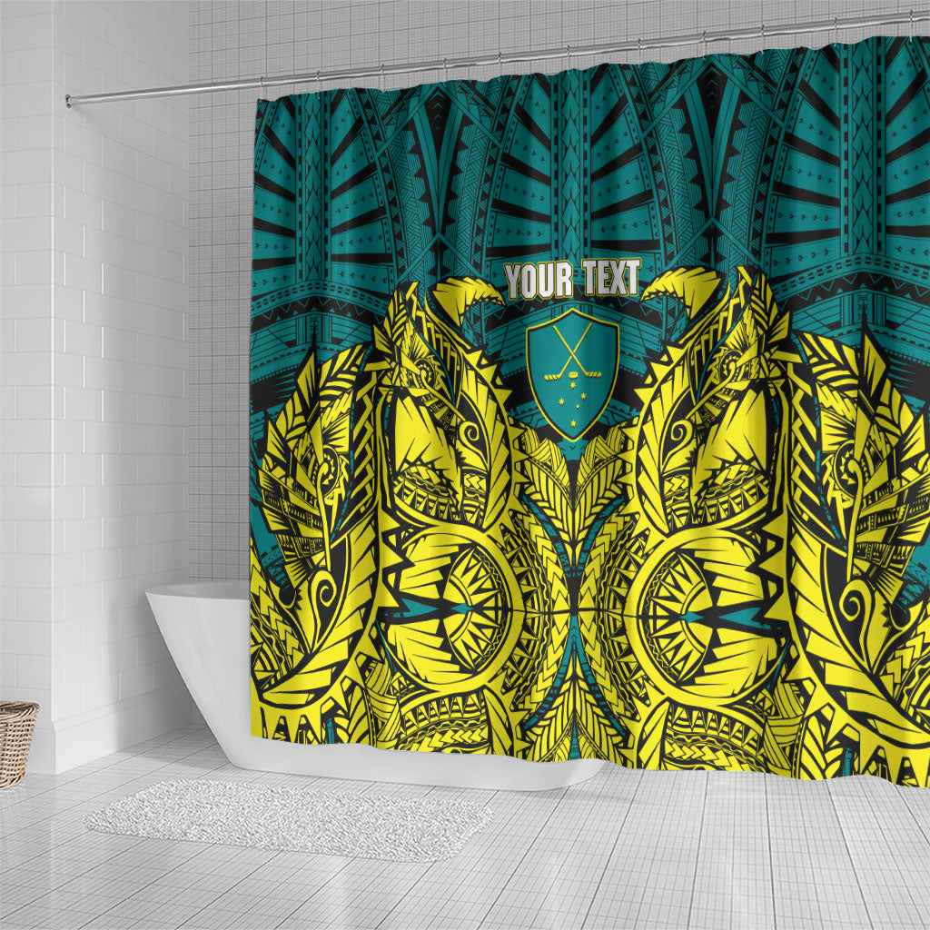 Personalized Hockeyroos Kangaroo Field Hockey Shower Curtain Tribal Geometric Green Gold Symmetrical Pattern Design