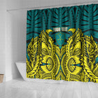 Personalized Hockeyroos Kangaroo Field Hockey Shower Curtain Tribal Geometric Green Gold Symmetrical Pattern Design
