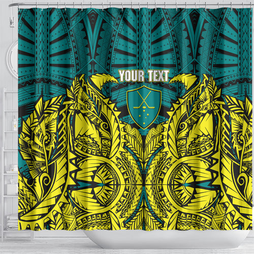 Personalized Hockeyroos Kangaroo Field Hockey Shower Curtain Tribal Geometric Green Gold Symmetrical Pattern Design