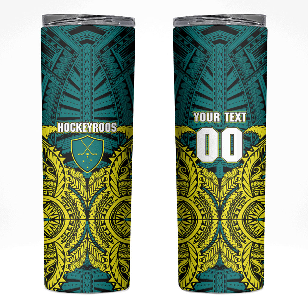 Personalized Hockeyroos Kangaroo Field Hockey Skinny Tumbler Tribal Geometric Green Gold Symmetrical Pattern Design
