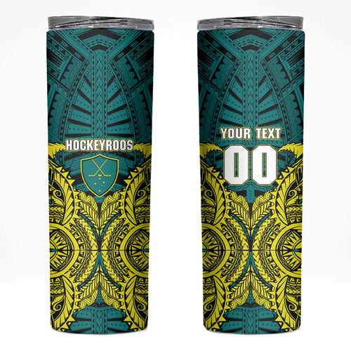 Personalized Hockeyroos Kangaroo Field Hockey Skinny Tumbler Tribal Geometric Green Gold Symmetrical Pattern Design