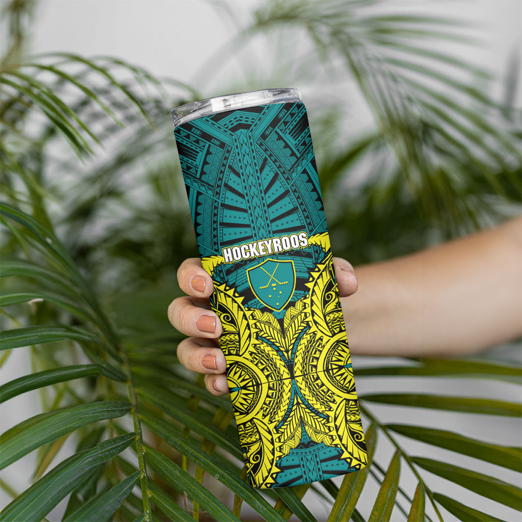 Personalized Hockeyroos Kangaroo Field Hockey Skinny Tumbler Tribal Geometric Green Gold Symmetrical Pattern Design