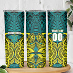 Personalized Hockeyroos Kangaroo Field Hockey Skinny Tumbler Tribal Geometric Green Gold Symmetrical Pattern Design