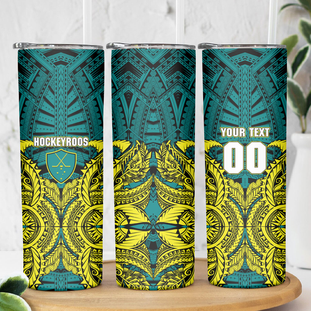 Personalized Hockeyroos Kangaroo Field Hockey Skinny Tumbler Tribal Geometric Green Gold Symmetrical Pattern Design