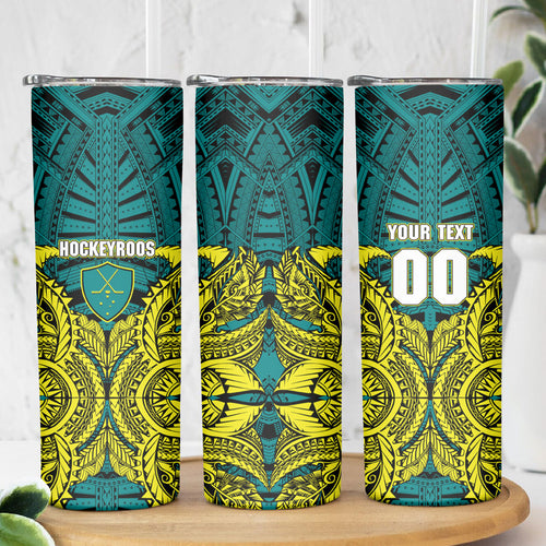 Personalized Hockeyroos Kangaroo Field Hockey Skinny Tumbler Tribal Geometric Green Gold Symmetrical Pattern Design