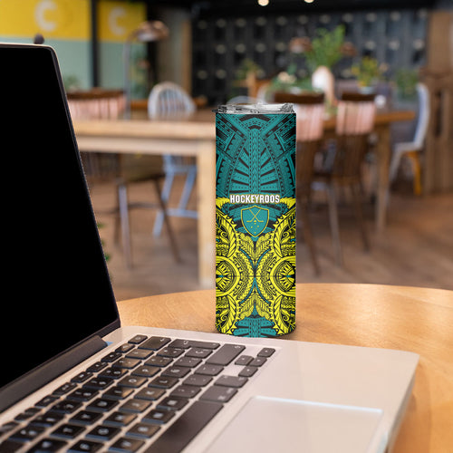 Personalized Hockeyroos Kangaroo Field Hockey Skinny Tumbler Tribal Geometric Green Gold Symmetrical Pattern Design