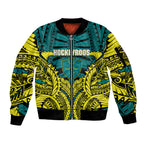 Personalized Hockeyroos Kangaroo Field Hockey Sleeve Zip Bomber Jacket Tribal Geometric Green Gold Symmetrical Pattern Design