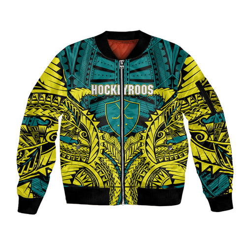 Personalized Hockeyroos Kangaroo Field Hockey Sleeve Zip Bomber Jacket Tribal Geometric Green Gold Symmetrical Pattern Design