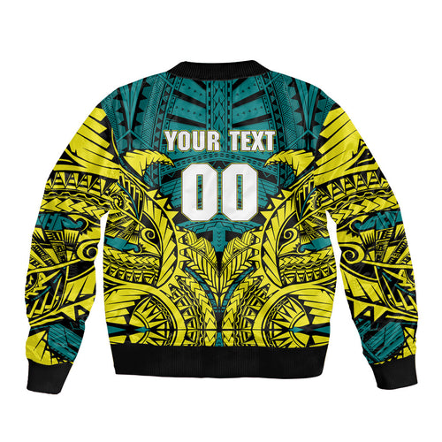 Personalized Hockeyroos Kangaroo Field Hockey Sleeve Zip Bomber Jacket Tribal Geometric Green Gold Symmetrical Pattern Design