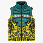 Personalized Hockeyroos Kangaroo Field Hockey Sleeveless Puffer Jacket Tribal Geometric Green Gold Symmetrical Pattern Design