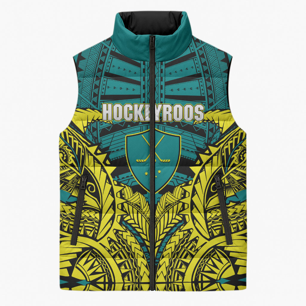 Personalized Hockeyroos Kangaroo Field Hockey Sleeveless Puffer Jacket Tribal Geometric Green Gold Symmetrical Pattern Design