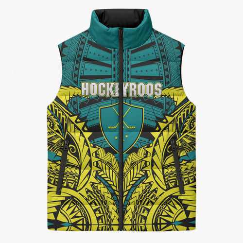 Personalized Hockeyroos Kangaroo Field Hockey Sleeveless Puffer Jacket Tribal Geometric Green Gold Symmetrical Pattern Design