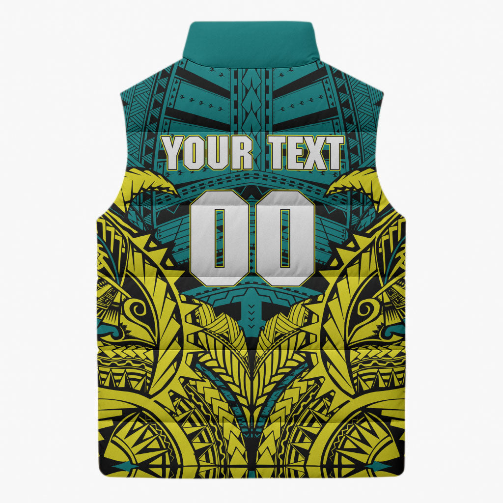 Personalized Hockeyroos Kangaroo Field Hockey Sleeveless Puffer Jacket Tribal Geometric Green Gold Symmetrical Pattern Design