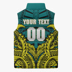 Personalized Hockeyroos Kangaroo Field Hockey Sleeveless Puffer Jacket Tribal Geometric Green Gold Symmetrical Pattern Design
