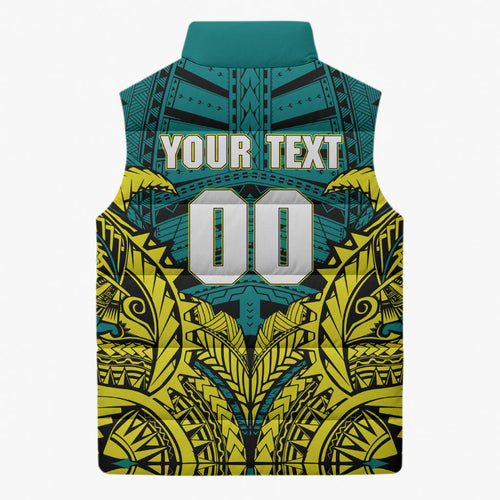 Personalized Hockeyroos Kangaroo Field Hockey Sleeveless Puffer Jacket Tribal Geometric Green Gold Symmetrical Pattern Design