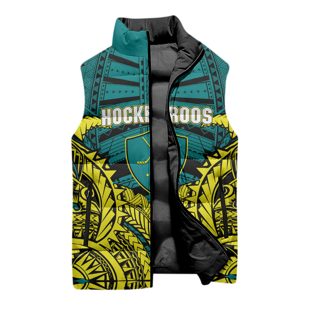 Personalized Hockeyroos Kangaroo Field Hockey Sleeveless Puffer Jacket Tribal Geometric Green Gold Symmetrical Pattern Design