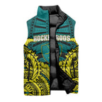 Personalized Hockeyroos Kangaroo Field Hockey Sleeveless Puffer Jacket Tribal Geometric Green Gold Symmetrical Pattern Design