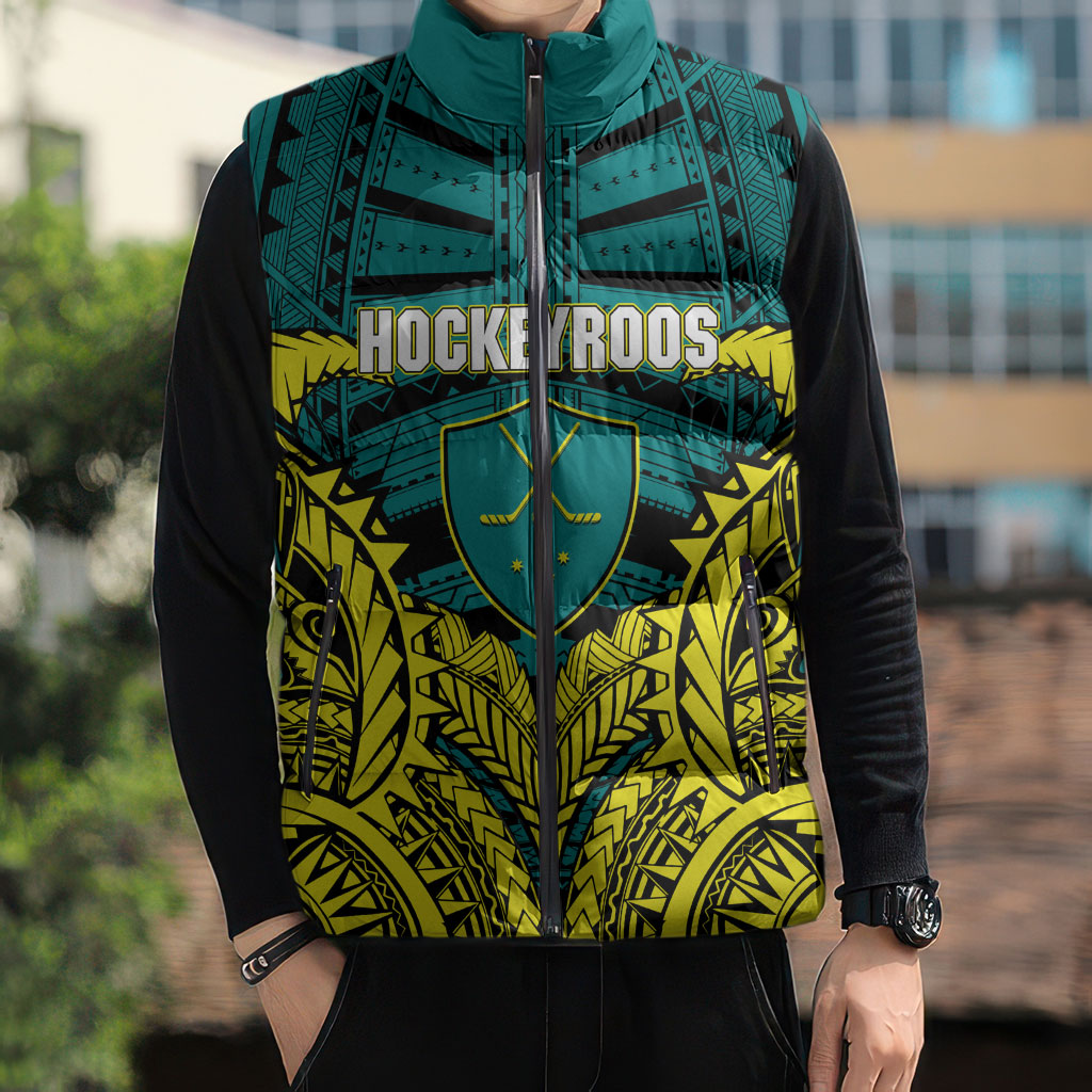 Personalized Hockeyroos Kangaroo Field Hockey Sleeveless Puffer Jacket Tribal Geometric Green Gold Symmetrical Pattern Design