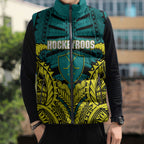 Personalized Hockeyroos Kangaroo Field Hockey Sleeveless Puffer Jacket Tribal Geometric Green Gold Symmetrical Pattern Design