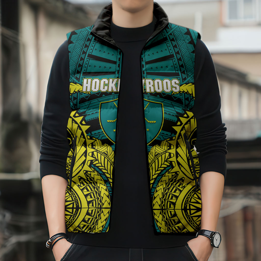 Personalized Hockeyroos Kangaroo Field Hockey Sleeveless Puffer Jacket Tribal Geometric Green Gold Symmetrical Pattern Design