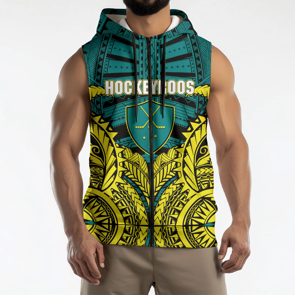 Personalized Hockeyroos Kangaroo Field Hockey Sleeveless Zip Hoodie Tribal Geometric Green Gold Symmetrical Pattern Design