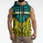 Personalized Hockeyroos Kangaroo Field Hockey Sleeveless Zip Hoodie Tribal Geometric Green Gold Symmetrical Pattern Design