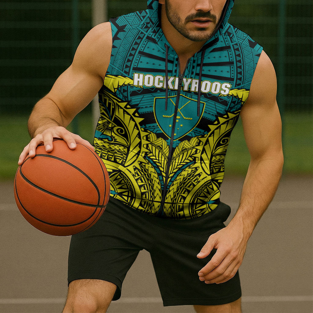 Personalized Hockeyroos Kangaroo Field Hockey Sleeveless Zip Hoodie Tribal Geometric Green Gold Symmetrical Pattern Design