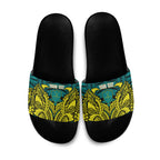 Personalized Hockeyroos Kangaroo Field Hockey Slide Sandals Tribal Geometric Green Gold Symmetrical Pattern Design