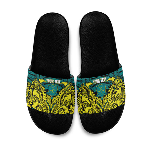 Personalized Hockeyroos Kangaroo Field Hockey Slide Sandals Tribal Geometric Green Gold Symmetrical Pattern Design