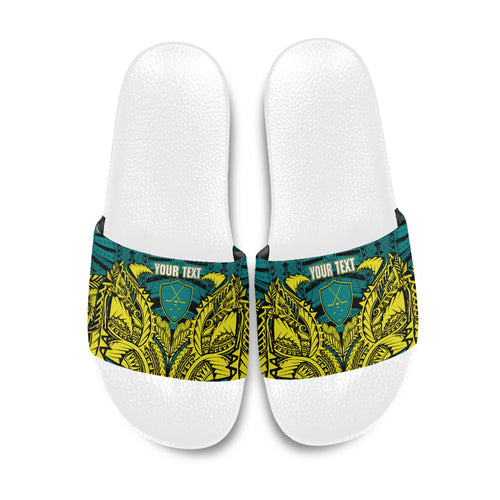 Personalized Hockeyroos Kangaroo Field Hockey Slide Sandals Tribal Geometric Green Gold Symmetrical Pattern Design