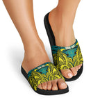 Personalized Hockeyroos Kangaroo Field Hockey Slide Sandals Tribal Geometric Green Gold Symmetrical Pattern Design