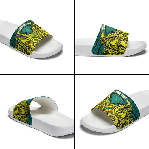 Personalized Hockeyroos Kangaroo Field Hockey Slide Sandals Tribal Geometric Green Gold Symmetrical Pattern Design