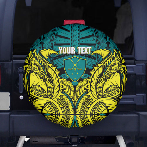 Personalized Hockeyroos Kangaroo Field Hockey Spare Tire Cover Tribal Geometric Green Gold Symmetrical Pattern Design