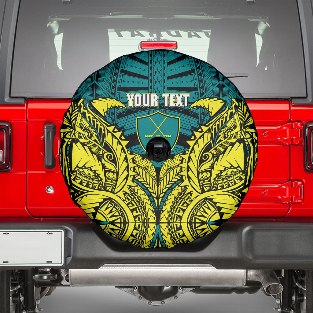 Personalized Hockeyroos Kangaroo Field Hockey Spare Tire Cover Tribal Geometric Green Gold Symmetrical Pattern Design
