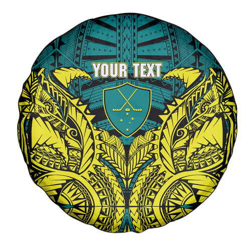 Personalized Hockeyroos Kangaroo Field Hockey Spare Tire Cover Tribal Geometric Green Gold Symmetrical Pattern Design