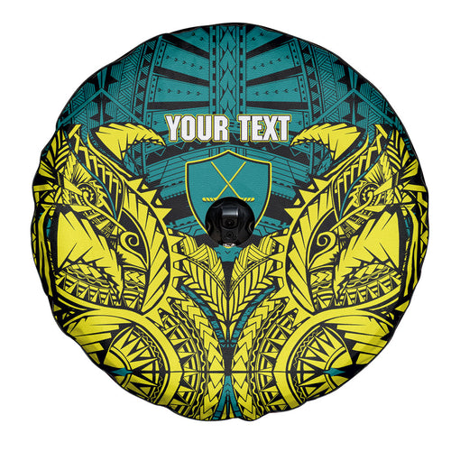 Personalized Hockeyroos Kangaroo Field Hockey Spare Tire Cover Tribal Geometric Green Gold Symmetrical Pattern Design