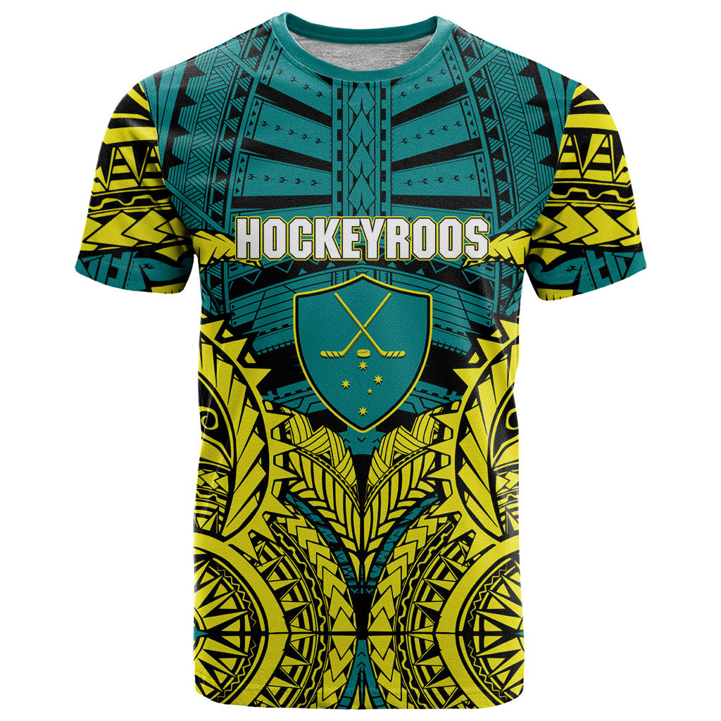Personalized Hockeyroos Kangaroo Field Hockey T Shirt Tribal Geometric Green Gold Symmetrical Pattern Design