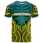 Personalized Hockeyroos Kangaroo Field Hockey T Shirt Tribal Geometric Green Gold Symmetrical Pattern Design