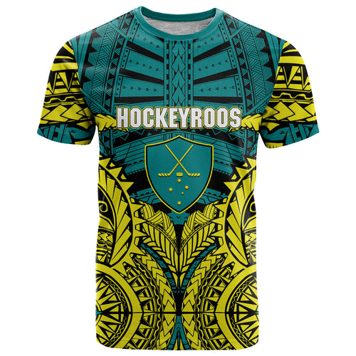Personalized Hockeyroos Kangaroo Field Hockey T Shirt Tribal Geometric Green Gold Symmetrical Pattern Design