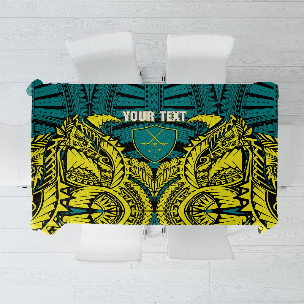 Personalized Hockeyroos Kangaroo Field Hockey Tablecloth Tribal Geometric Green Gold Symmetrical Pattern Design