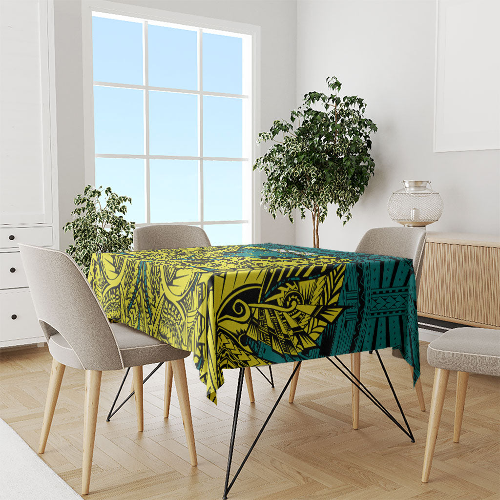 Personalized Hockeyroos Kangaroo Field Hockey Tablecloth Tribal Geometric Green Gold Symmetrical Pattern Design
