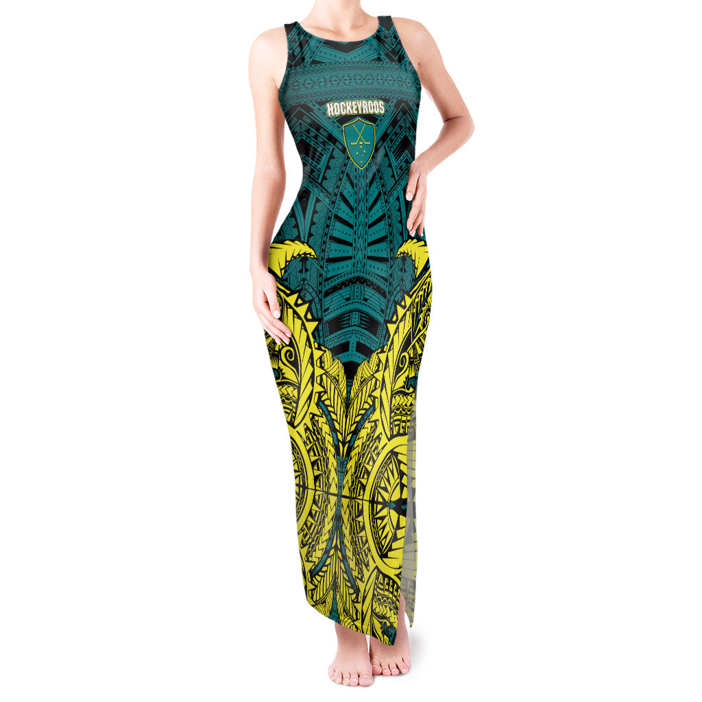 Personalized Hockeyroos Kangaroo Field Hockey Tank Maxi Dress Tribal Geometric Green Gold Symmetrical Pattern Design